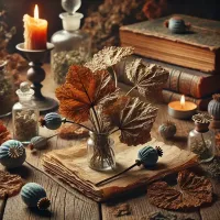 Dall e 2025 03 13 18 44 04 a realistic photograph of dried california poppy leaves arranged in a mystical herbalist setting the leaves are carefully placed on an old wooden ta