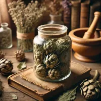 Dall e 2025 03 13 18 53 59 a realistic photograph of dried artichoke leaves inside a glass jar in a rustic herbalist setting the jar is transparent showcasing the texture and 