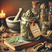 Dall e 2025 03 13 18 54 06 a realistic photograph of dried artichoke leaves stored in a glass jar in a rustic herbalist setting the jar is placed on a wooden shelf alongside ot