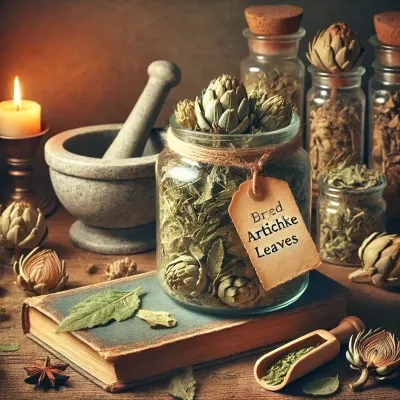Dall e 2025 03 13 18 54 06 a realistic photograph of dried artichoke leaves stored in a glass jar in a rustic herbalist setting the jar is placed on a wooden shelf alongside ot