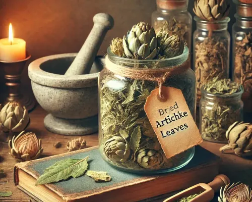Dall e 2025 03 13 18 54 06 a realistic photograph of dried artichoke leaves stored in a glass jar in a rustic herbalist setting the jar is placed on a wooden shelf alongside ot
