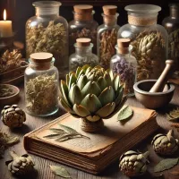 Dall e 2025 03 13 18 54 10 a realistic photograph of dried artichoke leaves arranged in a rustic herbalist setting the leaves are carefully placed on a wooden surface surround