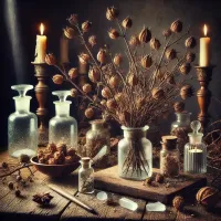 Dall e 2025 03 14 09 57 40 une image realiste representant des branches d aubepine sechees disposees artistiquement sur une table en bois rustique dans une ambiance chaleureuse