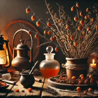 Dall e 2025 03 14 09 57 44 une image realiste representant des branches d aubepine sechees pretes pour la preparation d une tisane les branches sont delicatement placees dans u