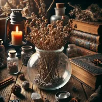 Dall e 2025 03 14 09 57 53 une image realiste representant des branches d aubepine sechees conservees a l interieur d un bocal en verre transparent le bocal est pose sur une ta