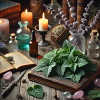 Dall e 2025 03 14 10 09 31 a mystical and realistic photograph of dried black horehound ballota nigra leaves in a wiccan inspired herbalist setting the dried leaves are elega
