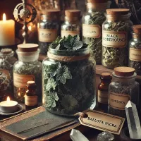 Dall e 2025 03 14 10 09 33 a realistic and mystical photograph of dried black horehound ballota nigra leaves stored in a transparent glass jar the jar is placed on an aged wo