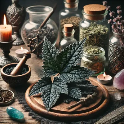 Dall e 2025 03 14 10 10 09 a realistic and mystical photograph of dried black horehound ballota nigra leaves displayed in a serene magical herbalist setting the dried leaves