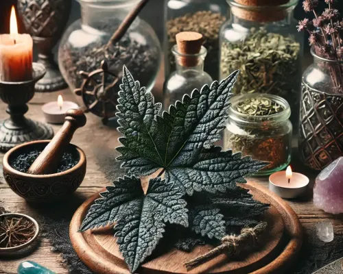 Dall e 2025 03 14 10 10 09 a realistic and mystical photograph of dried black horehound ballota nigra leaves displayed in a serene magical herbalist setting the dried leaves