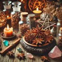 Dall e 2025 03 14 10 21 27 a realistic and mystical photograph of dried star anise illicium verum displayed in an enchanting herbalist atmosphere suitable for a wiccan boutiqu