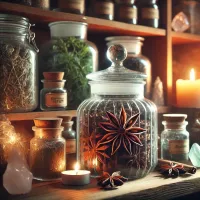 Dall e 2025 03 14 10 21 31 a realistic and mystical photograph of star anise illicium verum stored in an elegant transparent glass jar displayed in a magical herbalist settin