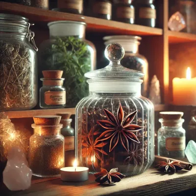 Dall e 2025 03 14 10 21 31 a realistic and mystical photograph of star anise illicium verum stored in an elegant transparent glass jar displayed in a magical herbalist settin