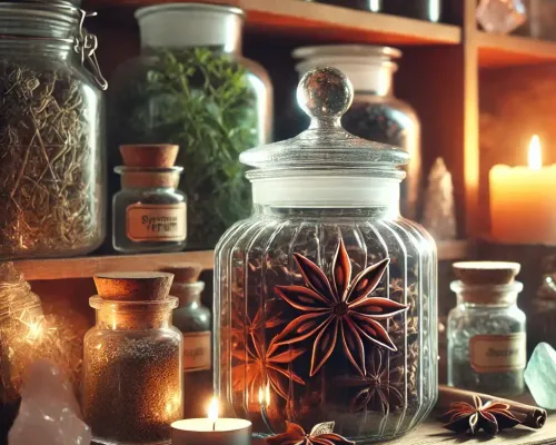 Dall e 2025 03 14 10 21 31 a realistic and mystical photograph of star anise illicium verum stored in an elegant transparent glass jar displayed in a magical herbalist settin