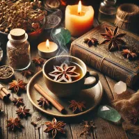 Dall e 2025 03 14 10 21 34 a warm inviting and mystical photograph of dried star anise illicium verum alongside a beautifully presented cup of herbal tea the scene ideal f