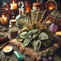 Dall e 2025 03 14 10 31 51 a realistic and mystical photograph of dried basil leaves displayed in a cozy herbalist ambiance perfect for a wiccan boutique the leaves are neatly