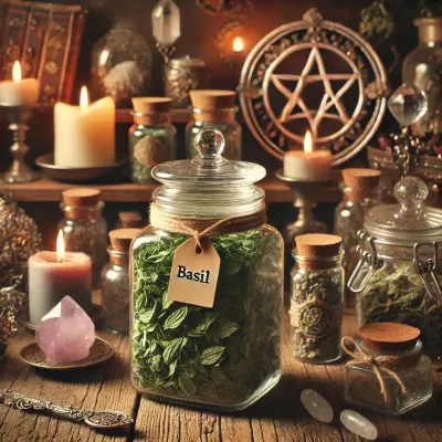 Dall e 2025 03 14 10 31 55 a realistic and mystical photograph of dried basil leaves stored in a transparent glass jar displayed within a cozy magical herbalist setting ideal 