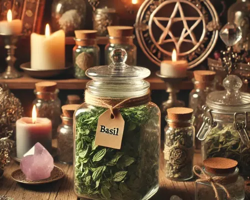 Dall e 2025 03 14 10 31 55 a realistic and mystical photograph of dried basil leaves stored in a transparent glass jar displayed within a cozy magical herbalist setting ideal 