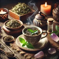 Dall e 2025 03 14 10 31 59 a cozy and mystical photograph of dried basil leaves used in a herbal tea a beautiful ceramic cup filled with gently steaming basil tea is elegantly 