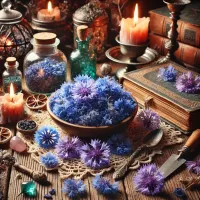 Dall e 2025 03 14 11 20 02 a mystical and realistic photograph of dried cornflower petals centaurea cyanus elegantly displayed in an enchanting herbalist setting perfect for 