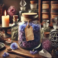 Dall e 2025 03 14 11 20 06 a mystical and realistic photograph of dried cornflower petals centaurea cyanus stored in a transparent glass jar displayed in an enchanting herbal