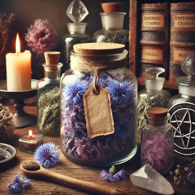 Dall e 2025 03 14 11 20 06 a mystical and realistic photograph of dried cornflower petals centaurea cyanus stored in a transparent glass jar displayed in an enchanting herbal
