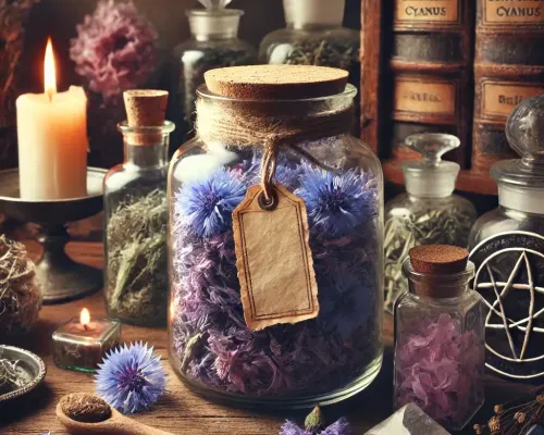 Dall e 2025 03 14 11 20 06 a mystical and realistic photograph of dried cornflower petals centaurea cyanus stored in a transparent glass jar displayed in an enchanting herbal