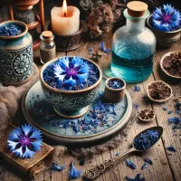 Dall e 2025 03 14 11 20 09 a mystical and realistic photograph of a decoction made from dried cornflower petals centaurea cyanus a beautifully crafted ceramic cup filled with