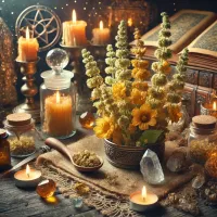 Dall e 2025 03 14 11 28 23 a mystical and realistic photograph of dried mullein verbascum thapsus displayed in an enchanting herbalist setting perfect for a wiccan boutique 