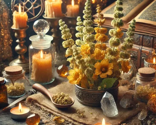 Dall e 2025 03 14 11 28 23 a mystical and realistic photograph of dried mullein verbascum thapsus displayed in an enchanting herbalist setting perfect for a wiccan boutique 