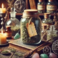 Dall e 2025 03 14 11 28 26 a mystical and realistic photograph of dried mullein verbascum thapsus stored in a transparent glass jar displayed in an enchanting herbalist setti