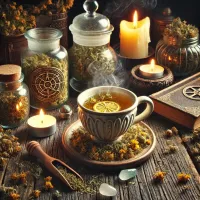 Dall e 2025 03 14 11 28 29 a mystical and realistic photograph of an herbal tea infusion made from dried mullein verbascum thapsus a beautifully crafted ceramic cup filled wi