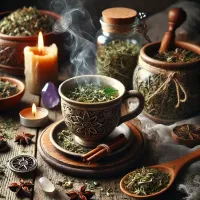 Dall e 2025 03 14 11 39 30 a mystical and realistic photograph of an herbal infusion made from dried shepherd s purse capsella bursa pastoris a beautifully crafted ceramic cu
