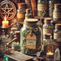 Dall e 2025 03 14 11 39 34 a mystical and realistic photograph of dried shepherd s purse capsella bursa pastoris stored in a transparent glass jar displayed in an enchanting 