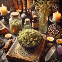 Dall e 2025 03 14 11 39 38 a mystical and realistic photograph of dried shepherd s purse capsella bursa pastoris displayed in an enchanting herbalist setting perfect for a wi