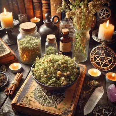 Dall e 2025 03 14 11 39 38 a mystical and realistic photograph of dried shepherd s purse capsella bursa pastoris displayed in an enchanting herbalist setting perfect for a wi