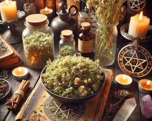 Dall e 2025 03 14 11 39 38 a mystical and realistic photograph of dried shepherd s purse capsella bursa pastoris displayed in an enchanting herbalist setting perfect for a wi