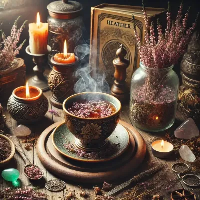 Dall e 2025 03 14 11 47 33 a mystical and realistic photograph of an herbal tea infusion made from dried heather flowers calluna vulgaris a beautifully crafted ceramic cup fi