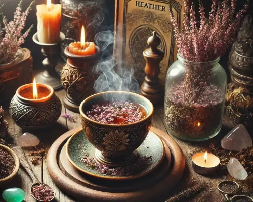 Dall e 2025 03 14 11 47 33 a mystical and realistic photograph of an herbal tea infusion made from dried heather flowers calluna vulgaris a beautifully crafted ceramic cup fi