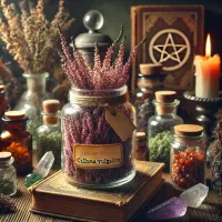 Dall e 2025 03 14 11 47 36 a mystical and realistic photograph of dried heather flowers calluna vulgaris stored in a transparent glass jar displayed in an enchanting herbalis