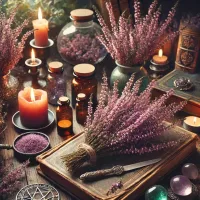 Dall e 2025 03 14 11 47 40 a mystical and realistic photograph of dried heather flowers calluna vulgaris elegantly displayed in an enchanting herbalist setting perfect for a 