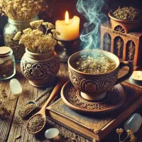 Dall e 2025 03 14 11 55 57 a mystical and realistic photograph of an herbal tea infusion made from dried bedstraw galium verum a beautifully crafted ceramic cup filled with s