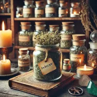Dall e 2025 03 14 11 56 00 a mystical and realistic photograph of dried bedstraw galium verum stored in a transparent glass jar displayed in an enchanting herbalist setting i