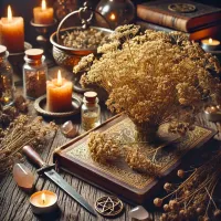 Dall e 2025 03 14 11 56 04 a mystical and realistic photograph of dried bedstraw galium verum elegantly displayed in an enchanting herbalist setting perfect for a wiccan bout