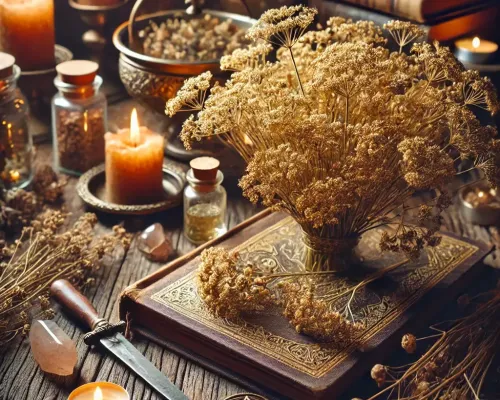 Dall e 2025 03 14 11 56 04 a mystical and realistic photograph of dried bedstraw galium verum elegantly displayed in an enchanting herbalist setting perfect for a wiccan bout