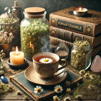 Dall e 2025 03 14 17 48 41 a mystical and realistic photograph of an herbal tea infusion made from dried roman chamomile chamaemelum nobile a beautifully crafted ceramic cup 