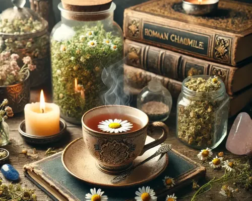 Dall e 2025 03 14 17 48 41 a mystical and realistic photograph of an herbal tea infusion made from dried roman chamomile chamaemelum nobile a beautifully crafted ceramic cup 