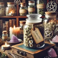 Dall e 2025 03 14 17 48 45 a mystical and realistic photograph of dried roman chamomile chamaemelum nobile stored in a transparent glass jar displayed in an enchanting herbal