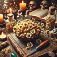 Dall e 2025 03 14 17 48 50 a mystical and realistic photograph of dried roman chamomile chamaemelum nobile elegantly displayed in an enchanting herbalist setting perfect for 