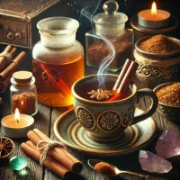 Dall e 2025 03 17 10 55 26 a mystical and realistic photograph of an herbal tea infusion made from cinnamon sticks a beautifully crafted ceramic cup filled with steaming cinnam