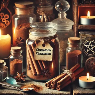 Dall e 2025 03 17 10 55 30 a mystical and realistic photograph of cinnamon sticks and ground cinnamon stored in a transparent glass jar displayed in an enchanting herbalist set